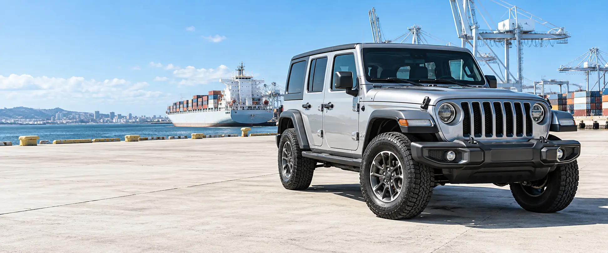 Srebrny Jeep Wrangler w słonecznym porcie